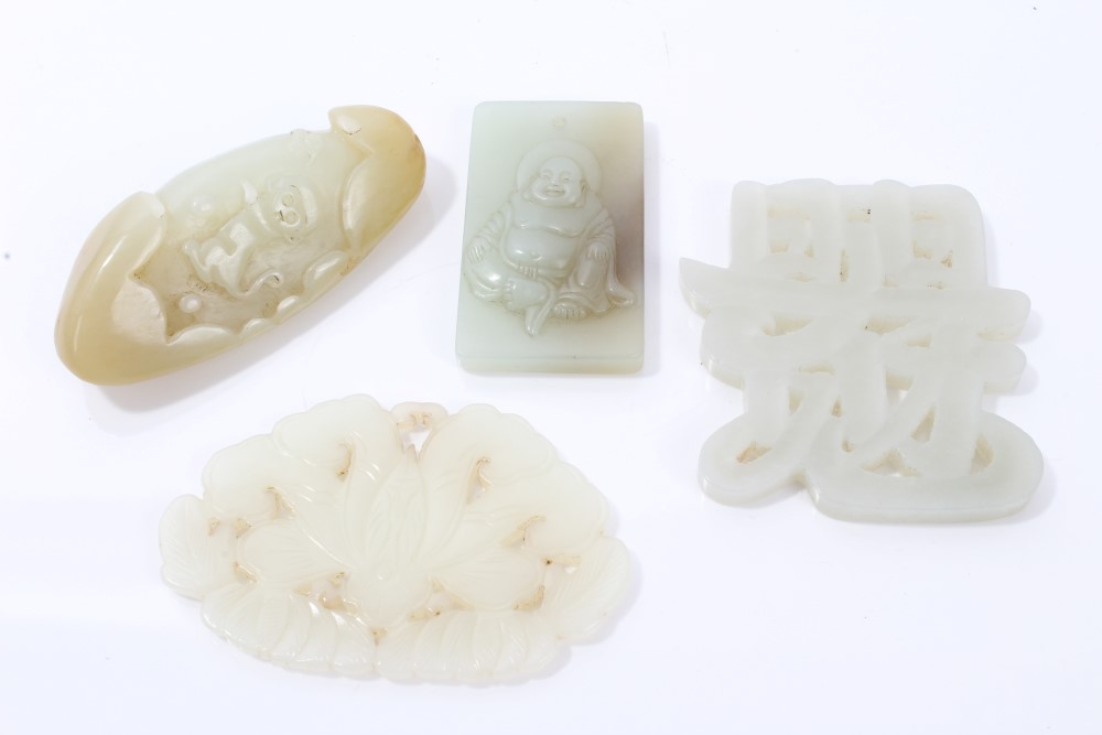 Four Chinese green jade carvings - including Buddha pendant, 4.5cm - 6.