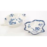 18th century Worcester blue and white leaf-shaped pickle dish with printed floral decoration,