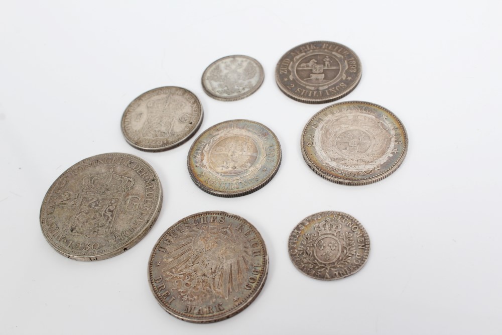 World - mixed silver coinage - to include South Africa Kruger Half Crown 1896. GVF, Florins 1893.