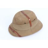 British Military khaki pith helmet with brown leather headband and pink lining,