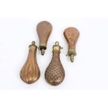 Group of four 19th century copper and brass powder flasks - including one with faux cane work