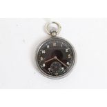 British Military open faced pocket watch with black dial with luminous hour markers and subsidiary