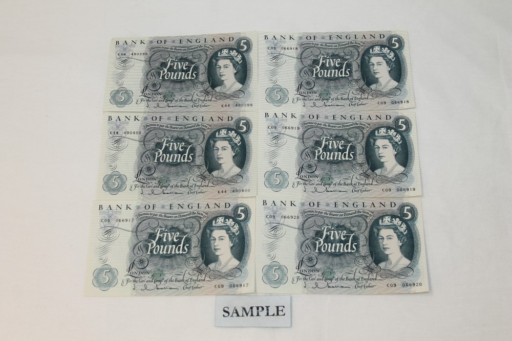 Banknotes - G.B. QEII. Series 'C' Hollom blue Five Pound notes (Feb. 1963).