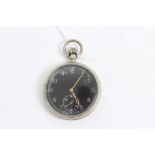 British Military open faced pocket watch with black dial with luminous hour markers and subsidiary