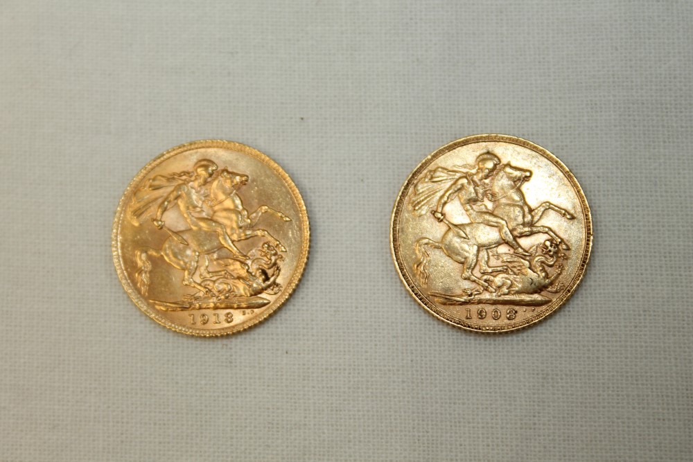 G.B. gold Sovereigns - Edward VII 1908. GF and George V 1913.