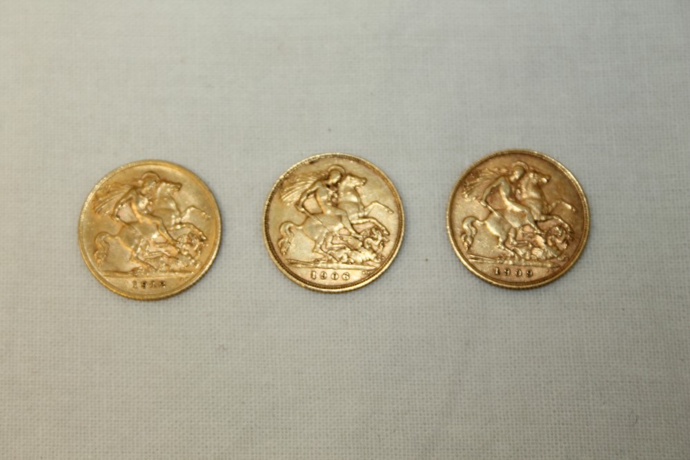 G.B. gold Half Sovereigns - Edward VII 1906. GF, 1909F and George V 1912.