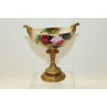 Royal Worcester pedestal sweetmeat dish, hand decorated with pink roses on a blush ground,
