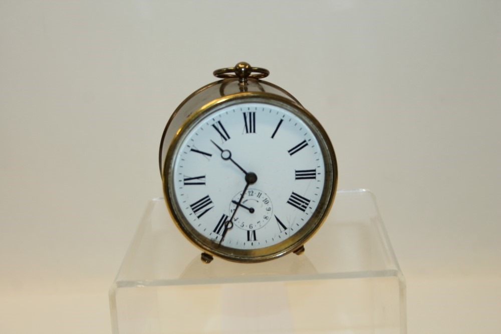 Early 20th century alarm clock with cylinder escapement and white circular dial with Roman numerals