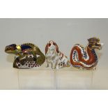 Three Royal Crown Derby paperweights with gold stoppers, Chameleon,