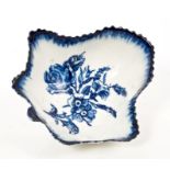 18th century Derby blue and white pickle dish with printed floral decoration and moulded veins to