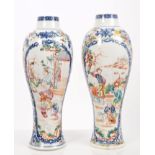 Pair 18th century Chinese export porcelain oviform vases with polychrome domestic scene and floral