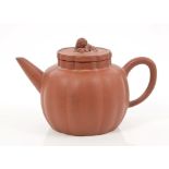 19th century Chinese red terracotta melon-shaped rice wine pot and cover with Dog of Foo knop and