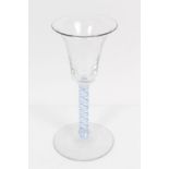 18th century wine glass with bell-shaped bowl, unusual blue and opaque twist stem, on splayed foot,