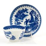 18th century Worcester blue and white tea bowl and saucer printed with Fisherman pattern - faux