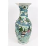 Late 19th century Chinese export celadon floor vase with extensive polychrome Chinese landscape