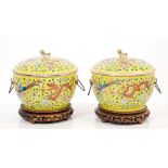 Pair late 19th century Chinese porcelain tureens and covers with liners, of circular form,