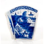 18th century Derby blue and white asparagus server with printed Chinese landscape