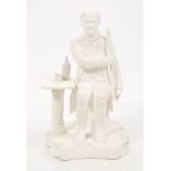 Minton bisque figure of a seated military pensioner, circa 1835, on shaped base, 11.