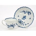 18th century Worcester blue and white feather-moulded cup and saucer with painted floral and insect