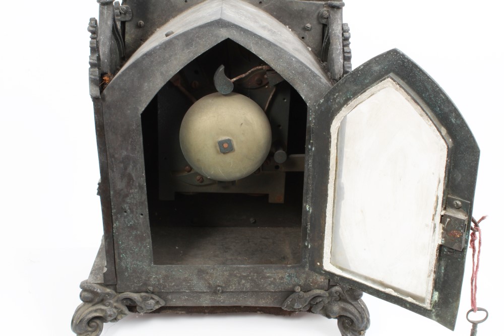 19th century Gothic mantel clock with single fusee movement striking on a bell, with silvered dial, - Image 4 of 6