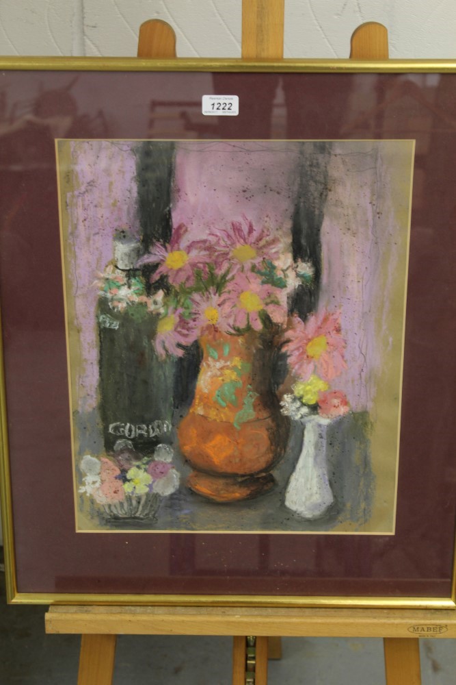 *Lucy Harwood (1893 - 1972), pastel - still life of vase of flowers and Gordon's Gin,
