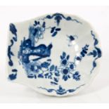 18th century Worcester blue and white shell dish with printed bird on rock pattern - workman's mark