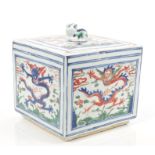 Rare Chinese Ming porcelain Wucai square box and cover - Wanli six character mark within double