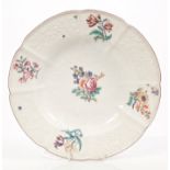 18th century Chelsea plate with moulded floral borders and polychrome painted floral sprays and