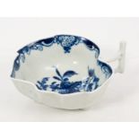 18th century Worcester blue and white leaf-shaped butter boat with painted Geranium pattern,