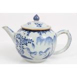 18th century Chinese export blue and white globular teapot and cover painted with fighting cockerel