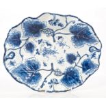 18th century Bow blue and white oval leaf-shaped dish with moulded vine leaf decoration and painted