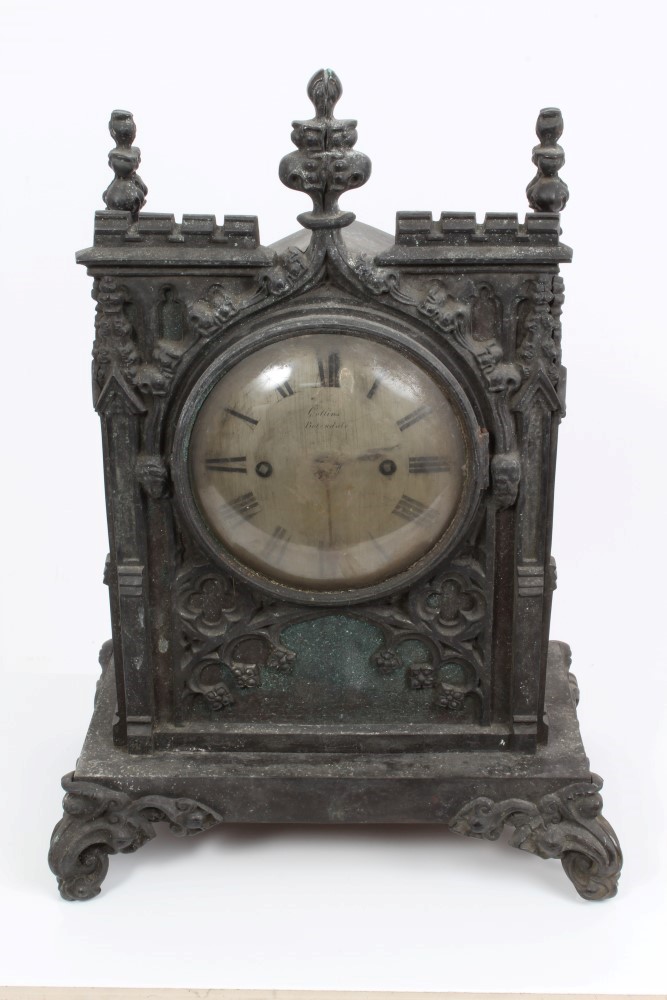 19th century Gothic mantel clock with single fusee movement striking on a bell, with silvered dial,