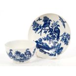 18th century Worcester blue and white tea bowl and saucer printed with birds among branches - blue