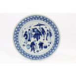 19th century Chinese blue and white charger with dancing figure decoration and hatched borders,