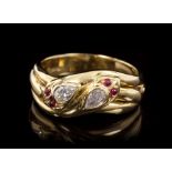 Victorian-style gold (18ct) diamond and ruby snake ring in the form of two interlocking snakes,