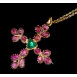 18th century emerald and ruby cross pendant / brooch with a central triangular flat cut emerald and