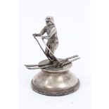 Contemporary Scottish novelty silver model of a skier, mounted on a shaped plinth (Edinburgh 1955),