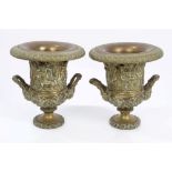 Decorative pair of 19th century brass campagna urns, each with classical frieze and leaf ornament,