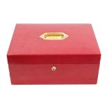 Red leather despatch box with brass inset handle to lid, Bramah lock with key, red leather lining,