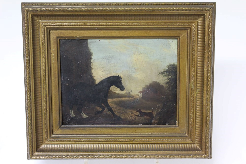 Pair 19th century English School oils on copper - hunter and dog in a landscape and two Shires by a