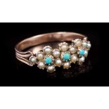 Regency seed pearl and turquoise forget-me-not ring with three stylised flower heads,