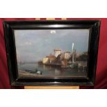 19th century Continental School pastel - fishing boats moored off a town, in glazed frame,
