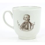 18th century Worcester coffee cup with notched loop handle, printed in black, by Robert Hancock,