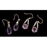 Pair Edwardian amethyst and seed pearl earrings and a pair of Edwardian briolette cut amethyst