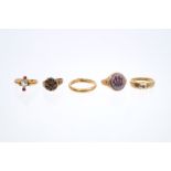 Gold (15ct) signet ring, two antique gem set dress rings,