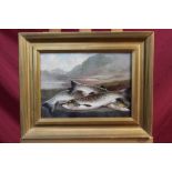 John Bucknell Russell (1819 - 1893), oil on board - Trout on a riverbank, signed, in gilt frame,