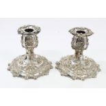 Pair early Victorian silver plate dwarf candlesticks with rococo shell and scroll decoration,