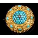 Victorian gold and turquoise target brooch with a pavé set dome of turquoise cabochons and applied
