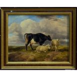 Thomas Sidney Cooper (1803 - 1902), oil on panel - cow and sheep in landscape,