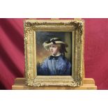 Victorian English School oil on canvas - portrait of a lady in straw hat and blue dress,